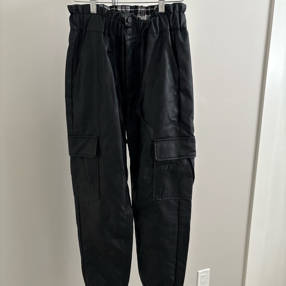 Faux Leather Black Cargo Pants